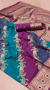 Magenta & Peacock Blue Rangkat Zari Weaved Banarasi Silk Saree